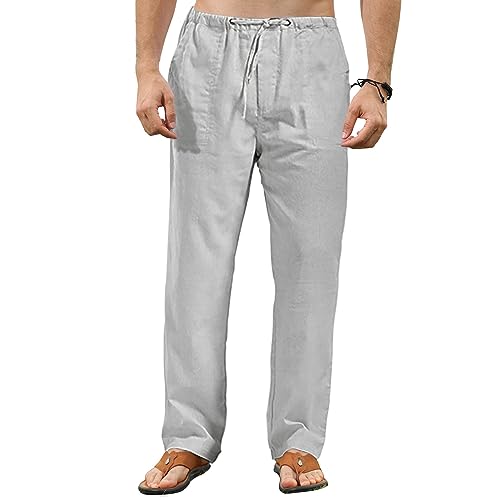 VANVENE Herren-Leinenhose, leicht, locker, einfarbig, einfach, lässige Yogahose, grau, 34-37 von VANVENE