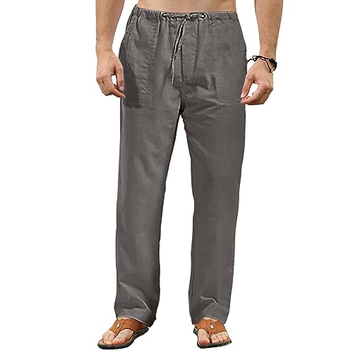 VANVENE Herren-Leinenhose, leicht, locker, einfarbig, einfach, lässige Yogahose, dunkelgrau, 58 von VANVENE