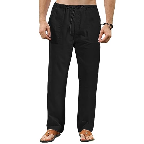 VANVENE Herren Leinenhose Leichte Lose Einfarbig Einfache Lässige Yogahose, Schwarz , 34-37 von VANVENE