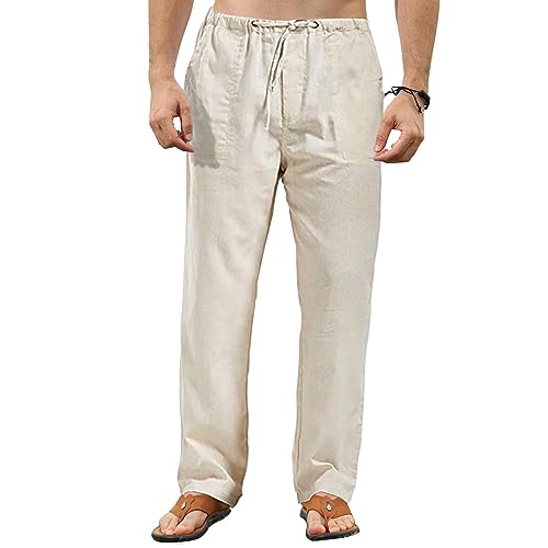 VANVENE Herren Leinenhose Leichte Lose Einfarbig Einfache Lässige Yogahose, khaki, 36-41 von VANVENE