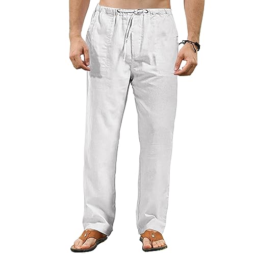 VANVENE Herren Leinenhose Leichte Lose Einfarbig Einfache Lässige Yogahose, weiß, XXXXXL von VANVENE