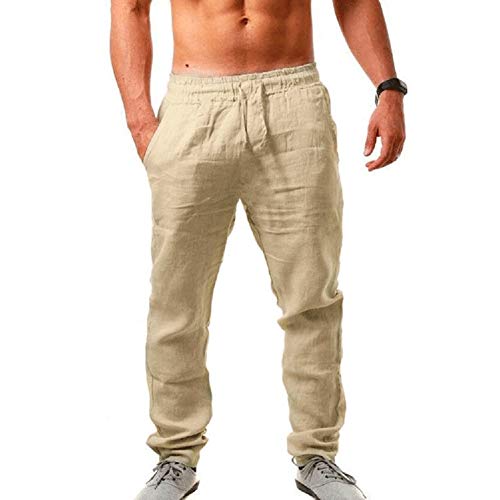 VANVENE Herren Leinenhose Strandhose Leichte Elastische Taille Jogginghose, dunkles kaki, 41-44.5 von VANVENE