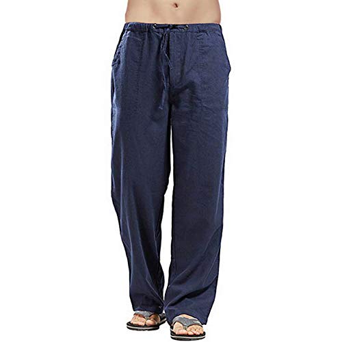 VANVENE Herren Leinenhose Casual Loose Fit Elastische Taille Kordelzug Gerades Bein Yoga Strandhose Gr. 34-37, blau von VANVENE