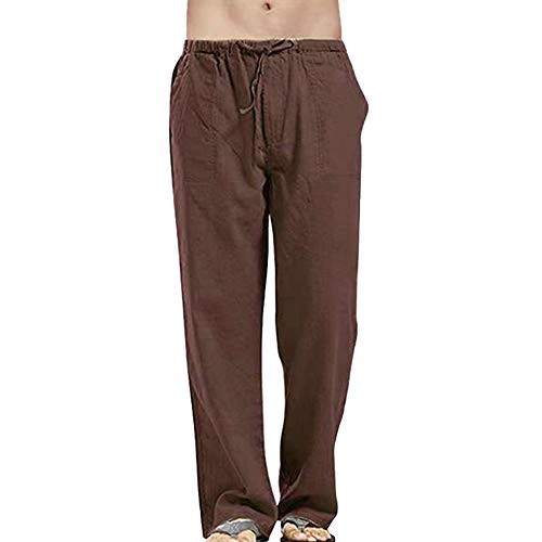 VANVENE Herren Leinenhose Casual Loose Fit Elastische Taille Kordelzug Gerades Bein Yoga Strandhose Gr. 56, braun von VANVENE