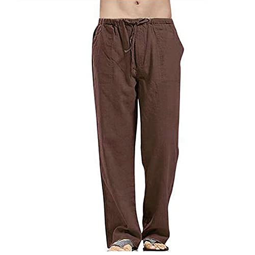 VANVENE Herren Leinenhosen Lose Casual Straight Legs Hose Lightweight Drawstring Yoga Beach Pants Braun XXL von VANVENE