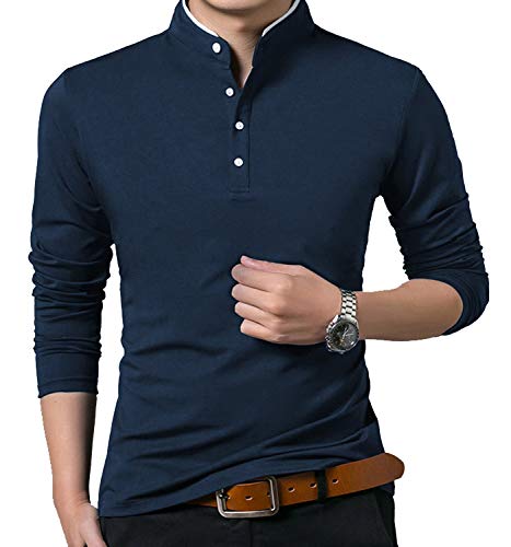 VANVENE Henry Herren Casual Polo Shirts Regular Fit Lang/Kurzarm Mode Einfarbig Tops, A-Blau, L von VANVENE