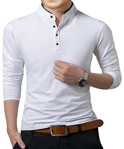 VANVENE Herren Casual Polo Henry Shirts Regular Fit Lang/Kurzarm Mode Einfarbig Tops, A-weiß, M von VANVENE