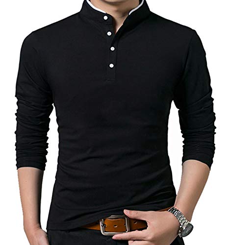 VANVENE Herren Casual Polo Henry Shirts Regular Fit Lang/Kurzarm Mode Einfarbig Tops, A-schwarz, S von VANVENE
