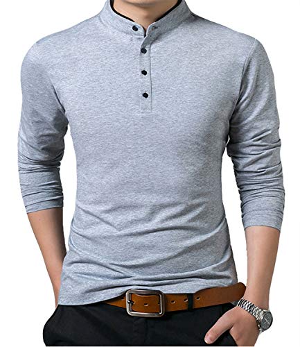 VANVENE Herren-Poloshirt, normale Passform, einfarbig, Baumwolle, Henley-Hemd, langärmelig, grau, XXL von VANVENE