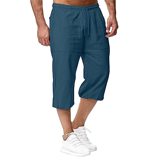 VANVENE Kurze 3/4 Shorts Herren Leinen Hose mit Kordelzug Strand Yoga Jogger Freizeit Hose Urlaub Sommer, dunkelblau, 56 von VANVENE