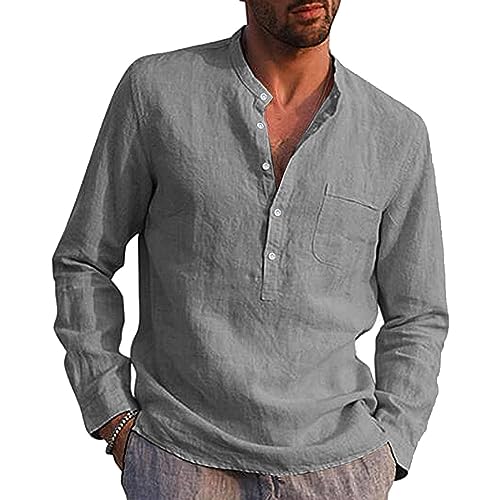 vanvene Herren Leinenhemden Langarm Casual Baumwolle Sommer Strand Henley Shirt Tops, grau, L von VANVENE