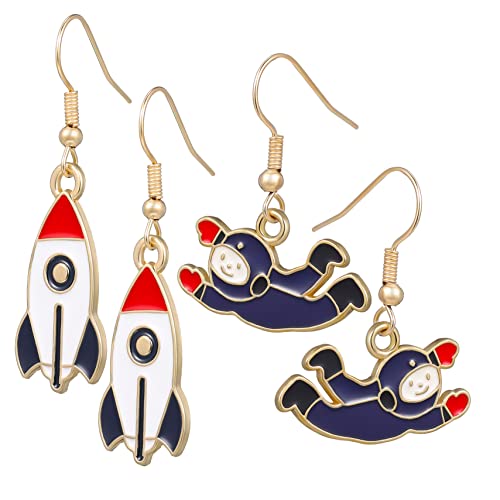 VANZACK 2 Paare Astronauten Ohrringe mit Raketenanhänger Hängende Ohrringe für Frauen und Mädchen Vintage Dangle Earrings für von VANZACK