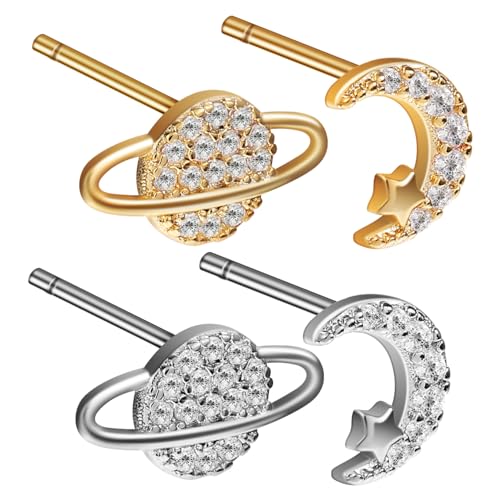 VANZACK 2 Paare Asymmetrische Stern Mond Ohrringe Ohrstecker Silber Gold Damen Schmuck Geburtstag Valentinstag von VANZACK