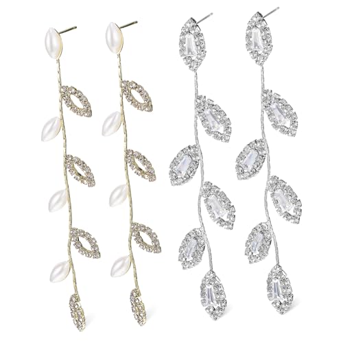 VANZACK 2 Paare Lange Baumel ohrringe für Frauen Strass Perlen design Blattform Stilvolle Hochzeits Brautohrringe Leicht und Vielseitig für Festliche Anlässe von VANZACK