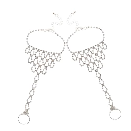 VANZACK 2 Stück Elegante Handkette mit Strassstein fingerring Set für Damen Hochzeits Party schmuck Modisches Handgelenksarmband Brautaccessoire von VANZACK
