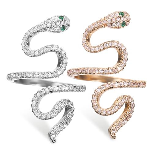 VANZACK 2 Stück Schlangenring Offener Damenring Verstellbar Modeschmuck Halloween Finger Schmuck Geschenk für Frauen und Teens in Gold und Silber von VANZACK