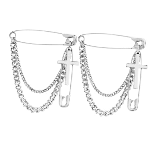 VANZACK 2 Stück Silberne Kreuz Anhänger Brosche mit Langer Kette Sicherheitsnadel Anstecknadeln für Damen Vielseitige Pullover Clips Zeitloses Design Einfach zu Befestigen Langlebig und von VANZACK