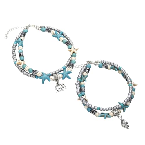 VANZACK 2 Stück Vintage Fußkettchen Teilig Boho Fußkette mit Muschel Elefantenanhänger Mehrlagige Strand Fußkette Damen Schmuck Accessoire für Mädchen Verstellbar und Stylisch von VANZACK