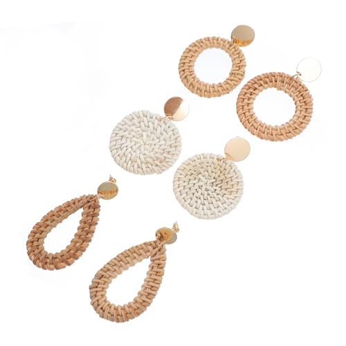VANZACK 3 Paare Handgefertigte Stilvolle Damen Ohrringe aus Geflochtenem Rattan Leichte Vintage Ohrstecker mit Dekorativen Quasten Modisches Ohrschmuck als für Frauen und Mädchen von VANZACK