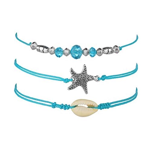 VANZACK 3 Stück Boho Fußkettchen Damen Teiliges mit Blauen Muschelperlen und Anhänger Verstellbare Strand Fußkette Langlebige Legierte Ketten für Frauen und Mädchen Modischer Fußschmuck von VANZACK