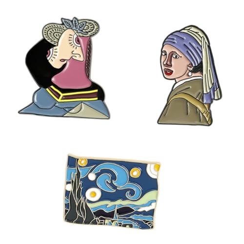 VANZACK 3 Stück Broschen mit Berühmten Ölgemälden Van und Mädchen mit Perlenohrringen für Hochzeiten Partys und Täglichen Gebrauch Leicht und Tragbar Bleibt Jacken Hemden oder Taschen von VANZACK