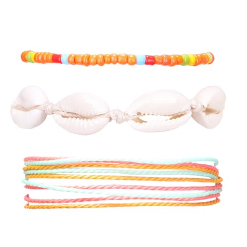 VANZACK 3 Stück Teiliges Boho Fußkettchen Damen Leichte Verstellbare Knöchelkette mit Bunten Perlen und Muschel Modischer Sommerschmuck für Strand und Alltag Orangefarben von VANZACK