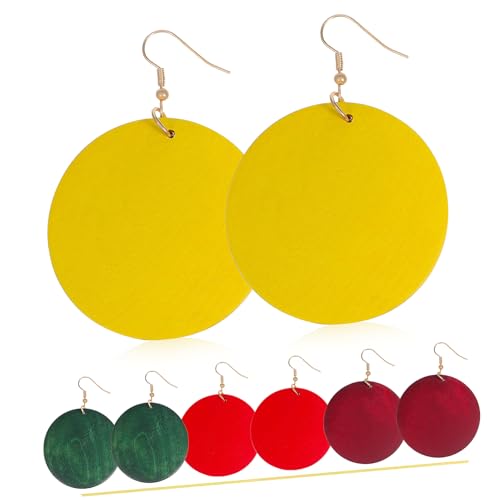 VANZACK 4 Paar Holzohrringe für Damen Vintage Boho Runde Geometrische Dangle Ohrringe mit Edelstahlhaken in Gelb Rot Olivgrün Weinrot von VANZACK