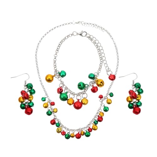 VANZACK 4 Stück Buntes Weihnachts Schmuckset Teilig mit Glockenanhänger Halskette Armband Ohrringe Damen Festlich Leichtes Design von VANZACK
