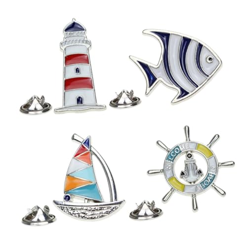 VANZACK 4 Stück Teiliges Set Damen Kreative Mediterrane Stil Segelboot Leuchtturm Metall Brosche Anstecknadel Hübsche Kragen Pins Mode Kleidung Zubehör von VANZACK