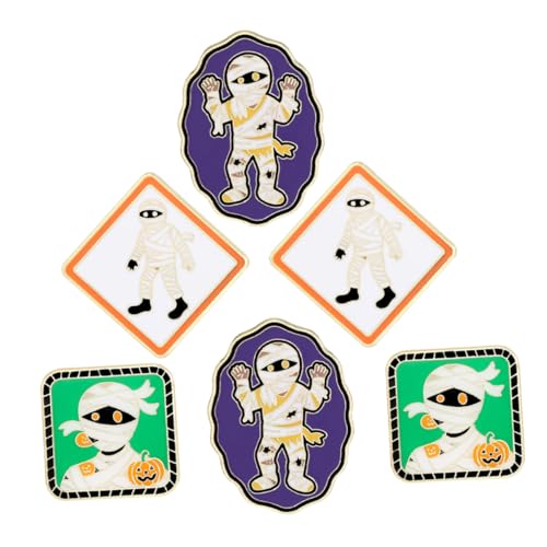 VANZACK 6 Stück Halloween Holzfigur Broschen Mummy Metall Anstecknadeln Cartoon Abzeichen Rucksack Schmuck Spuk Kostüm Zubehör Langlebig Kompakt Leicht Transportabel von VANZACK