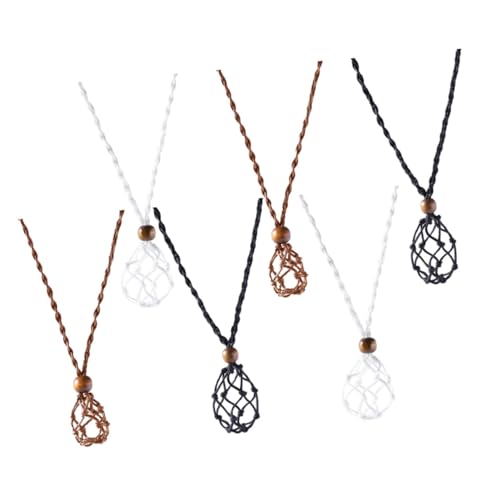 VANZACK 6 Stück Teiliges Verstellbare DIY Netzbeutel Halskettenanhänger für Damen Geflochtene Kristallsteinhalter in Braun Weiß und Schwarz Dekorative Schmuckhalter mit Holzperlen von VANZACK
