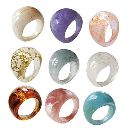 VANZACK 9 Stück Teiliges Acrylharz Ring Bunte Fingerringe Klare Persönlichkeit Ringe Stapelbar Langlebig Eleganter Schmuck für Frauen und Mädchen von VANZACK