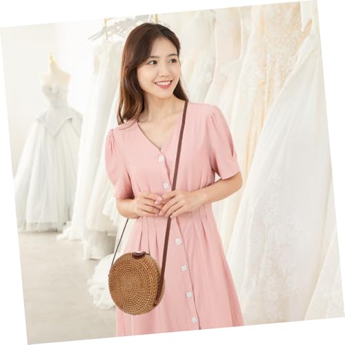 VANZACK Beige Runde Strohtasche Damen Handtasche aus Geflochtenem Material mit Lederverschluss Leichte Umhängetasche für Strand Alltag und Picknick Modische Strandtasche Wiederverwendbar von VANZACK