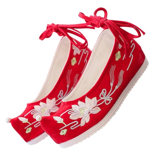VANZACK Bestickte Chinesische Stoffschuhe mit Verstecktem Keilabsatz Vintage Stil Dreidimensionale Blumenstickerei Komfortabel Passend zu Hanfu Kostümen Damen Slipper Rot von VANZACK