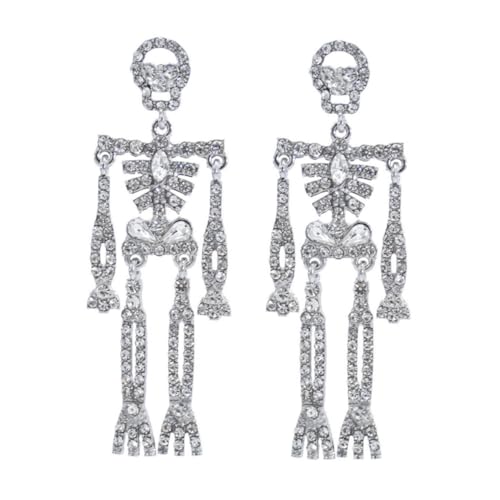 VANZACK Bling Ohrhänger Damen Skelett Ohrschmuck mit Funkelnden Strasssteinen Modisch Leicht Langer Anhänger für Halloween und Alltag Silberfarbene Statement Ohrringe von VANZACK
