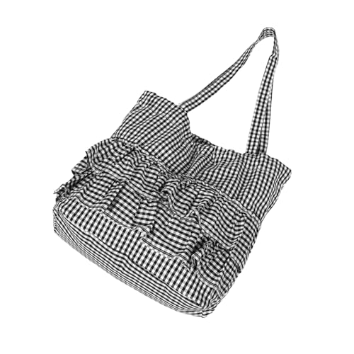 VANZACK Checkered Canvas Tote Bag mit Rüschenbesatz Große Wiederverwendbare Schultertasche aus Robustem Canvas für Damen Modische Handtasche für Alltag Einkauf Arbeit Reisen Schwarz von VANZACK
