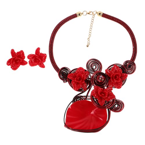 VANZACK Chunky African Statement Schmuckset Handgefertigt Roter Resin Blumen Halskette Ohrstecker Leichtes Boho Pendent Collar Choker Für Frauen Party Prom von VANZACK
