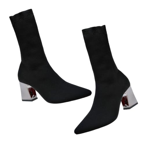VANZACK Chunky Heels Ankle Boots Damen Stiefeletten mit Elastischem Strickmaterial Stabiler Großer Absatz Komfortable Herbst Winter Kurzstiefel für Alltag und Looks Schwarz von VANZACK