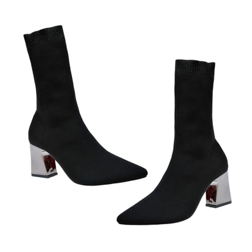 VANZACK Chunky Heels Damen Stiefeletten mit Zehenpartie Gestrickte Sock Boots Elastische Absatzschuhe für Herbst und Winter Modische Kurze Stiefel für Freizeit und Party Schwarz von VANZACK