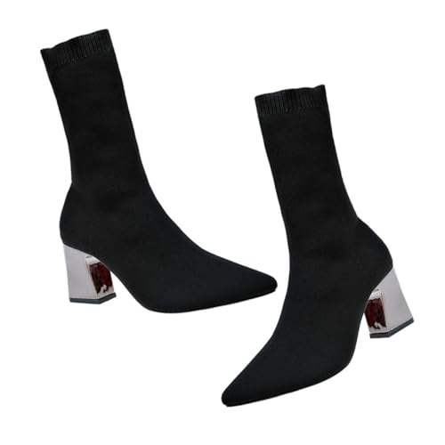 VANZACK Damen Ankle Boots mit Chunky Absatz Spitz Zulaufende Kurzstiefel aus für Herbst Winter Elastische Sock Boots in Schwarz Bequeme High Heel Schuhe Vielseitig Kombinierbar von VANZACK