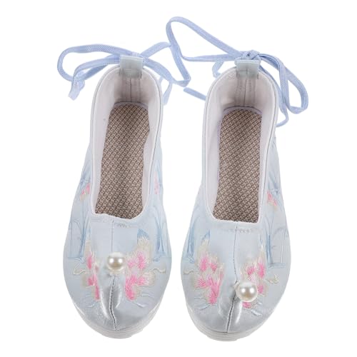 VANZACK Damen Bestickte Stoffschuhe mit Verstecktem Keilabsatz Chinesischer Stil Frühling Sommer Retro Hanfu Schuhe Leichte Gummisohle Floral Gestickt Hellblau von VANZACK
