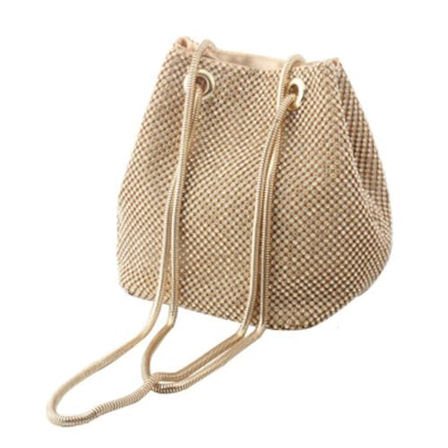 VANZACK Damen Bucket Bag mit Strassbesatz Modische Handtasche aus Polyester Goldfarbene Umhängetasche für Abendveranstaltungen Stilvolle Schultertasche für Frauen und Mädchen von VANZACK