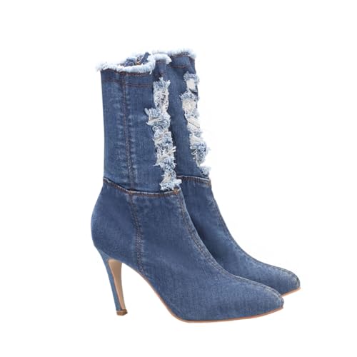 VANZACK Damen High Heeled Boots aus Elastischem Denim Rutschfeste Leichte Stiefeletten mit Mikrofaser Innensohle Atmungsaktiv und Langlebig Modisch für Herbst und Winter Hellblau von VANZACK