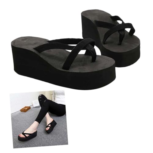 VANZACK Damen Keilabsatz Sandalen Sommer Plateau Flops Leicht Anti rutsch Strand Pantoletten Schwarz Komfortabel Freizeit Schuhe von VANZACK