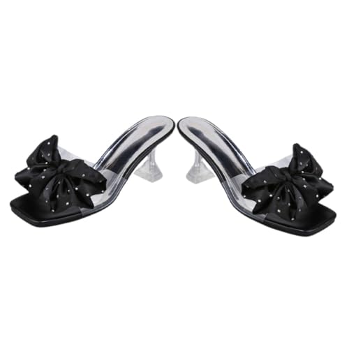 VANZACK Damen Mules Heels mit Schleifen Detail Schlanker Absatz Modische Bow Slides Stilvolle Sandaletten für Sommer Komfortable High Heels für Alltag und Outdoor Schwarz von VANZACK