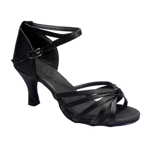 VANZACK Damen Satin High Heels mit Knotenriemchen Offene Zehenpartie Absatz Latein Tanzschuhe Schwarz Angenehm zum Tanzen und Feiern Geeignet von VANZACK