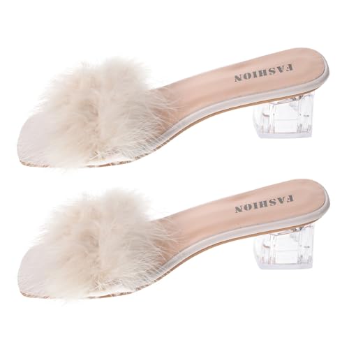 VANZACK Damen Slipper Sommer Beige PU Rubber Chunky Heel Offene Zehen Bequeme Pantoletten Für Innen Und Außen Freizeit Alltag von VANZACK