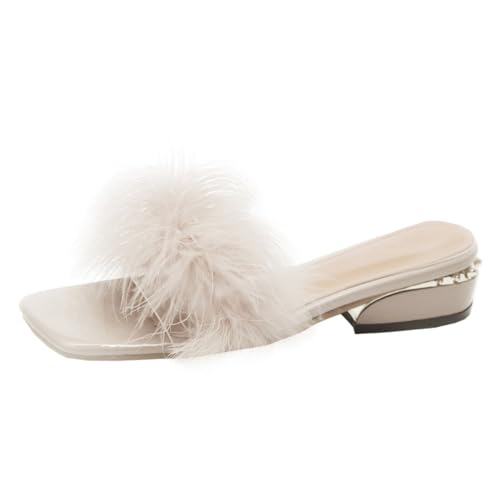 VANZACK Damen Slipper aus Wolle Atmungsaktiv Offene Zehen Sommerliche Flache Hausschuhe mit Klobigem Absatz Bequeme PU Rubber Materialien Vielseitig für Innen und Außenbereich Beige von VANZACK