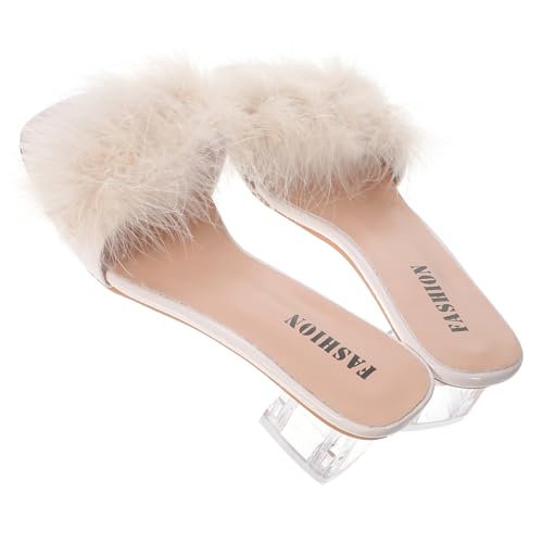 VANZACK Damen Sommer Hausschuhe aus Wolle Atmungsaktive Offene Zehen Slipper mit Dickem Absatz Bequeme Freizeit Sandalen für Strand und Alltag Beige Rutschfest und Langlebig von VANZACK