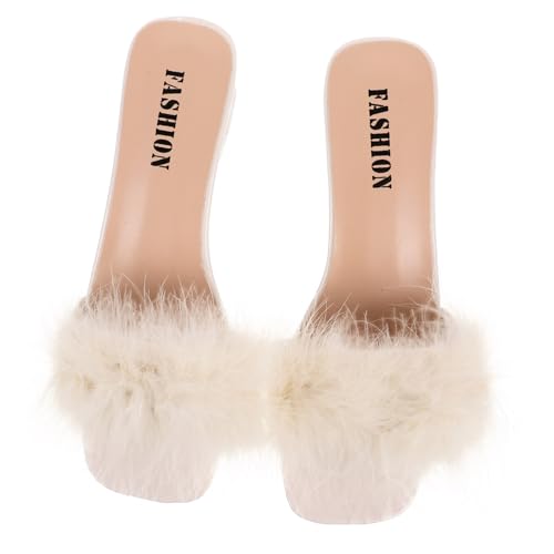 VANZACK Damen Sommer Hausschuhe mit Blockabsatz Atmungsaktive Offene Zehen Pantoletten Bequeme PU Sandalen für Strand und Freizeit Modische Beige Slipper Vielseitig Kombinierbar von VANZACK